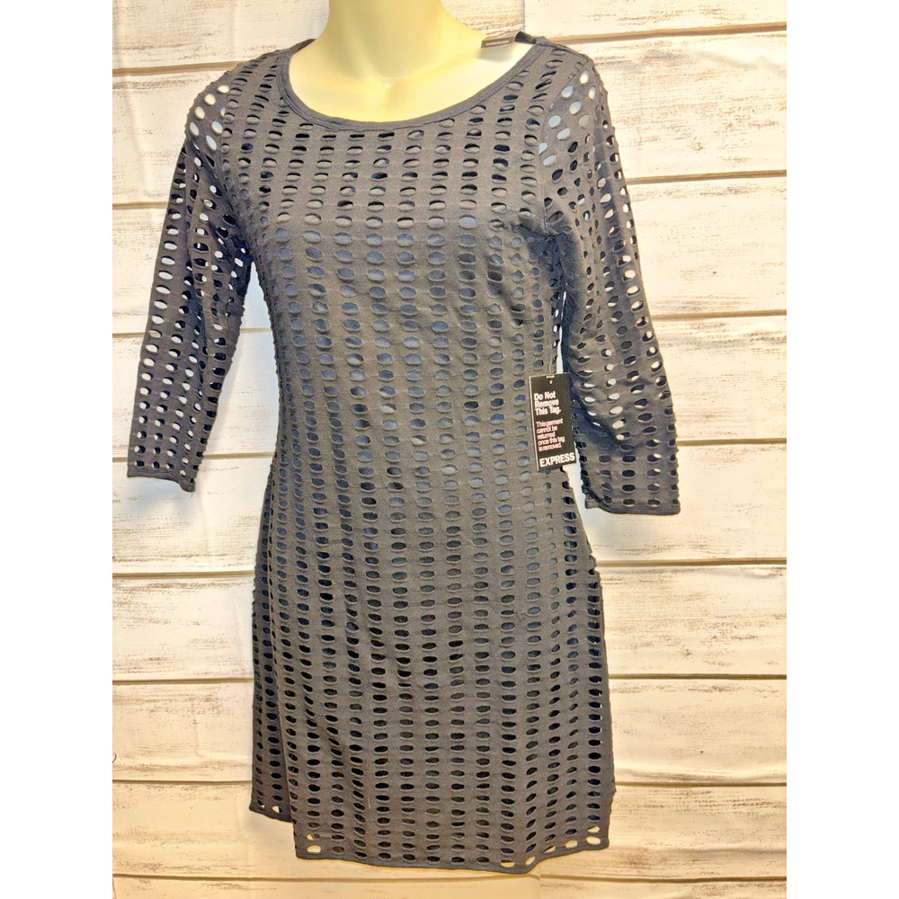S Express Cocktail Dress Laser Cut Mini 3/4 Sleeve Black Open Design Lined NWT